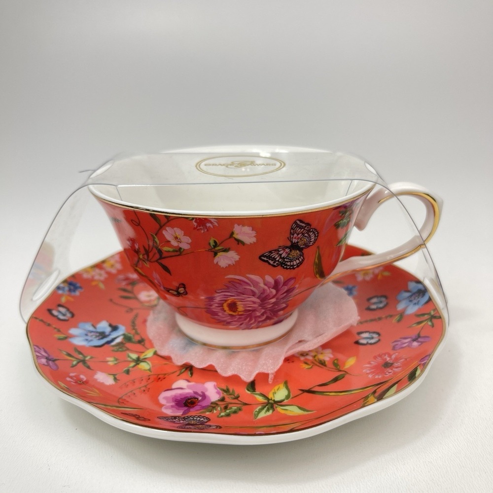 Grace Teaware Orange Floral Butterfly Teacup Saucer Set Gold Rim‎ Fine Porcelain